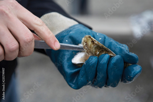 Man shucking an oyster 