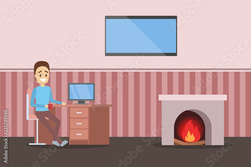 Happy freelancer character working at home on laptop