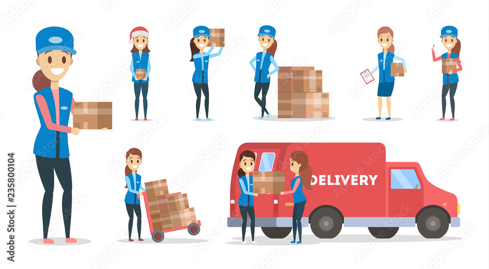 Fast delivery set. Courier in uniform with box Fast delivery set. Courier in uniform with box