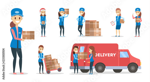 Fast delivery set. Courier in uniform with box