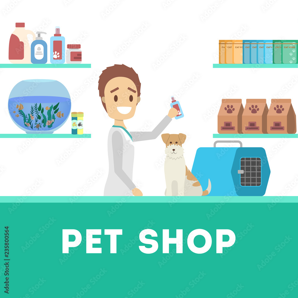 Pet shop counter interior with a worker Pet shop counter interior with a worker
