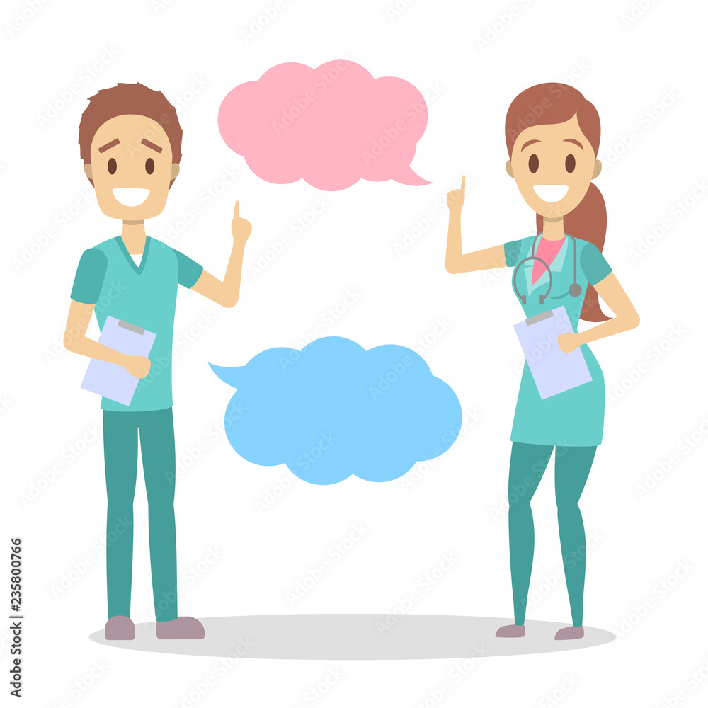 Male and female doctor talk using speech bubble Male and female doctor talk using speech bubble