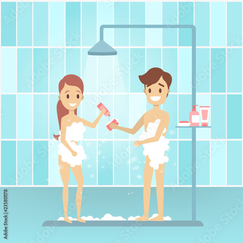 Young man and woman take shower in the bathroom