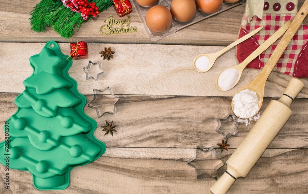 Christmas Baking Cake Background. Ingredients and Tools for Baking - Flour,  Eggs, Silicone Molds in the Shape of a Christmas Tree, Stock Photo - Image  of retro, background: 132691884