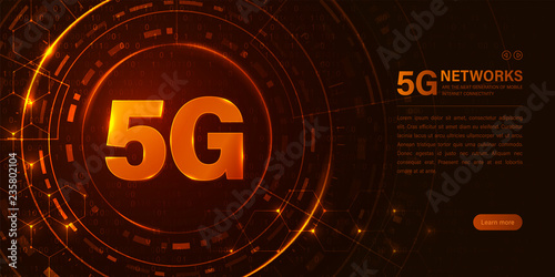 5G new wireless internet wifi connection. Fifth innovative generation of the global high speed Internet broadband network. Big data binary code flow numbers vector concept. Glowing abstract background