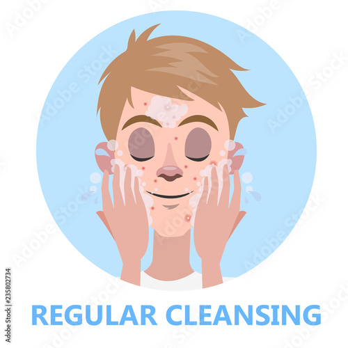 Face cleansing for skin beauty. Man washing his face