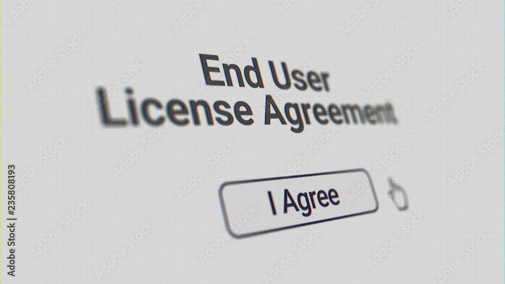 A simulated computer screen of a user clicking I Agree button on a end user license agreement form. 3D perspective. Clean and CRT versions included. A simulated computer screen of a user clicking I Agree button on a end user license agreement form. 3D perspective. Clean and CRT versions included.