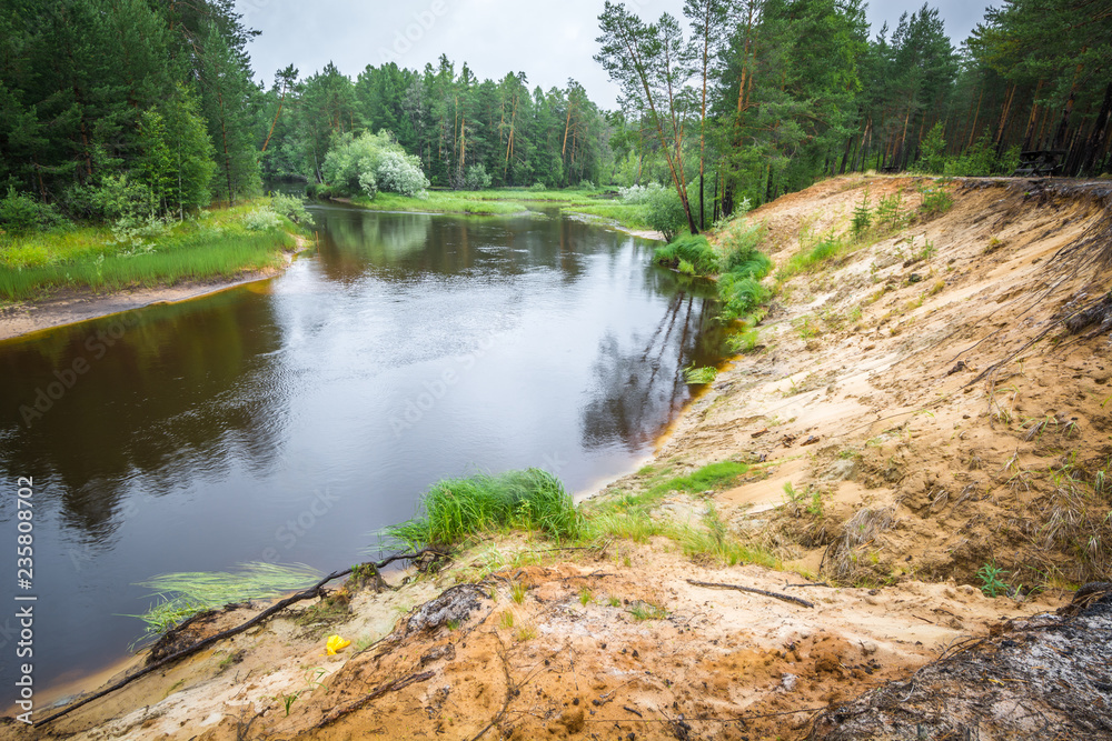 Indistinct coast with current fast river in Siberian taiga of wood.