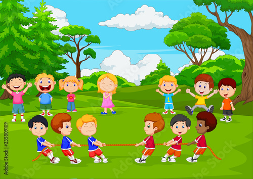 Cartoon group of children playing tug of war in the park