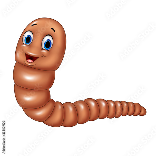 Cartoon happy earthworm isolated on white background