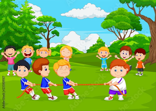 Cartoon group of children playing tug of war in the park