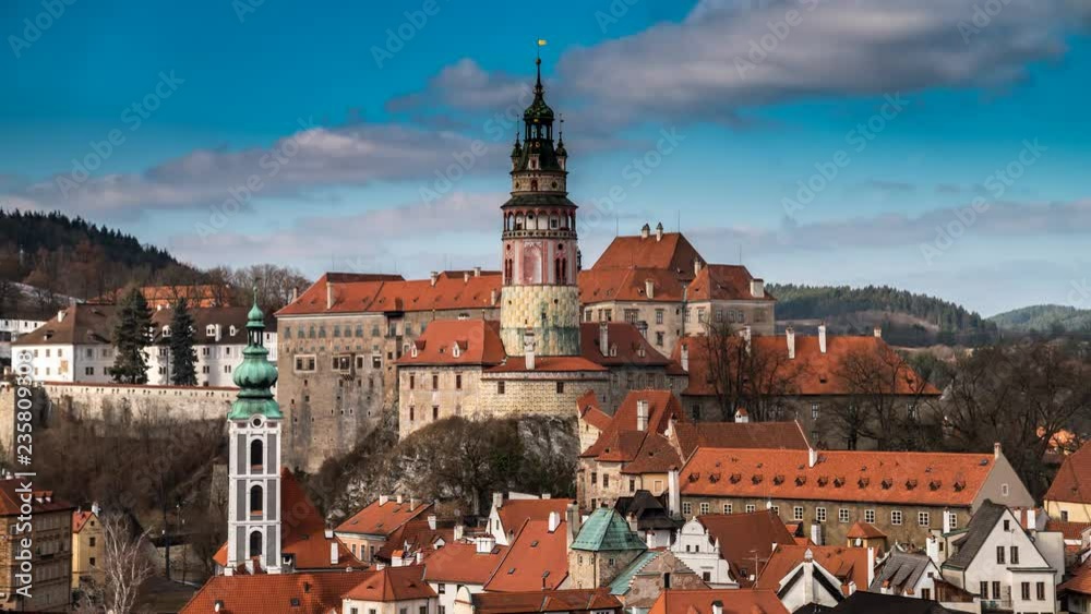 Ceska Krumlov cityscape view timelapse view of old town and castle in city centre. Ceska Krumlov cityscape view timelapse view of old town and castle in city centre.