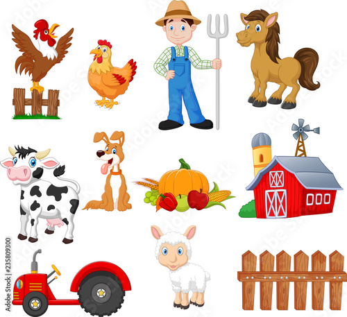 Set of farming cartoon with farmer, tractor, barn, animals, fruits and vegeta...