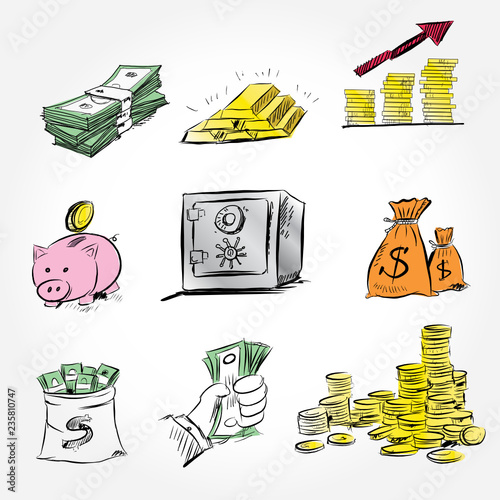 The concept for business investment, savings and making money.Hand drawn sketch elements set. Business doodle vector illustration.