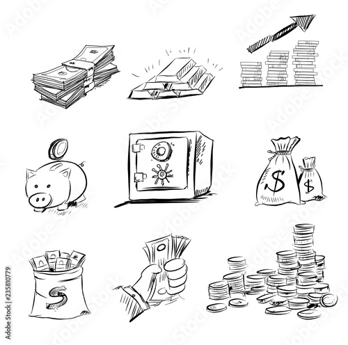 The concept for business investment, savings and making money.Hand drawn sketch elements set. Business doodle vector illustration.