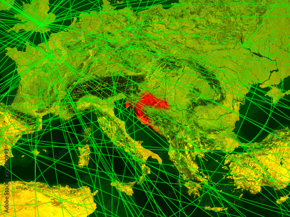 Fototapeta premium Croatia on digital map with networks. Concept of international travel, communication and technology.