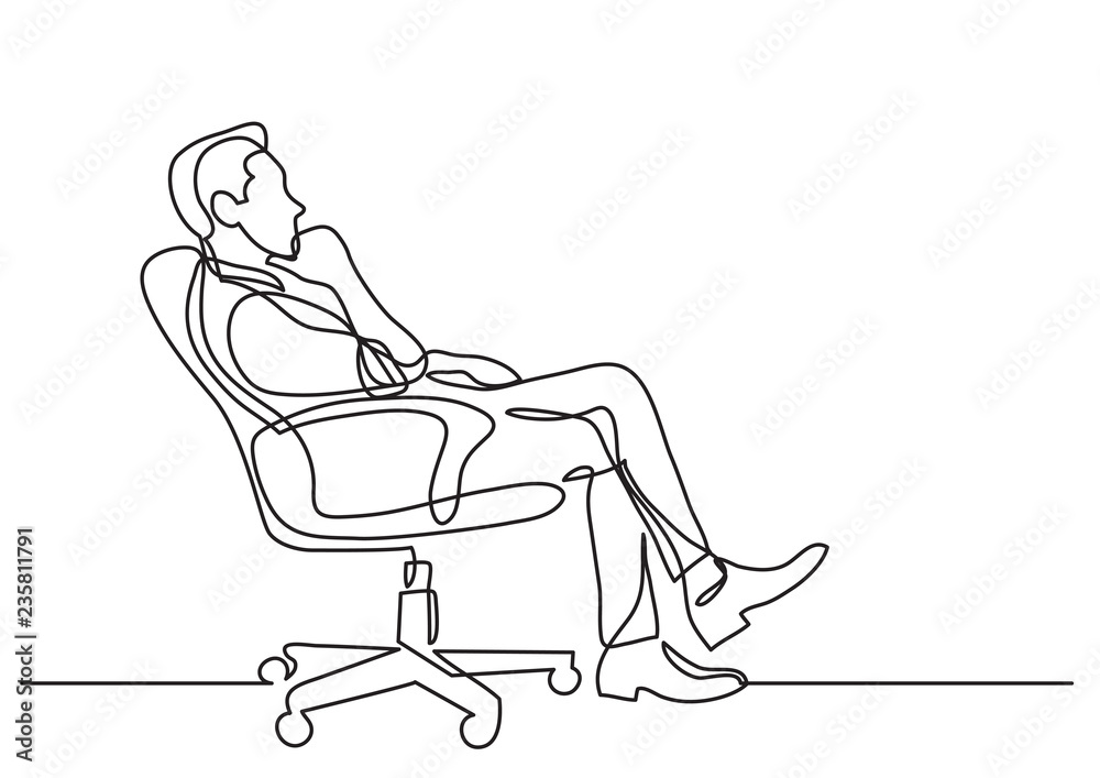 continuous line drawing of business situation - man sitting in office chair thinking continuous line drawing of business situation - man sitting in office chair thinking