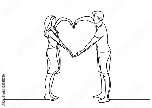continuous line drawing of loving couple showing heart sign