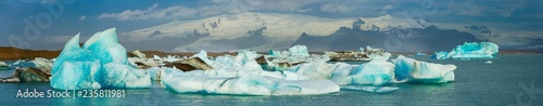 Panorama view of Summer time , icebergs in Jokulsarlon glacier lagoon, Iceland