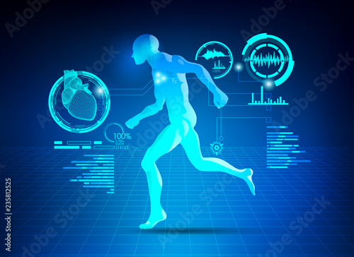 concept of science fiction running man; futuristic interface of heart analysis