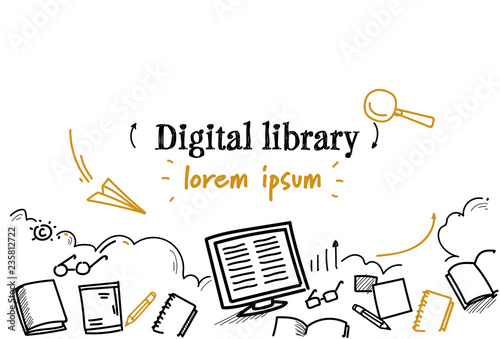 media book reading ebook digital library concept sketch doodle horizontal isolated copy space