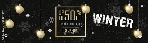 winter sale banner design golden christmas balls season shopping template special discount offer concept black background horizontal poster flat