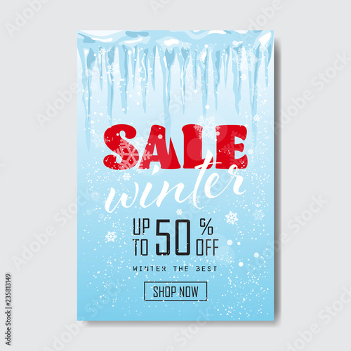 winter sale lettering design frozen icicles season shopping template special discount offer concept vertical poster flat