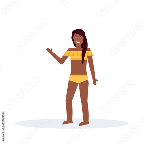 tanned bikini woman standing in swimsuit happy girl summer vacation concept female cartoon character full length flat isolated