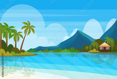 tropical island with villa bungalow hotel on beach seaside mountain green palms landscape summer vacation concept flat horizontal