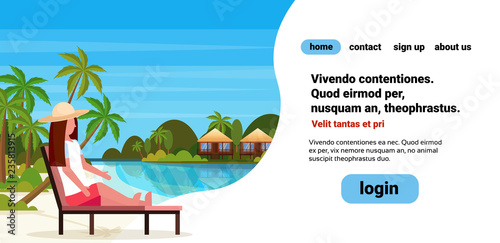 woman sitting sun bed lounge chair on tropical island villa bungalow hotel beach seaside green palms landscape summer vacation concept flat horizontal copy space