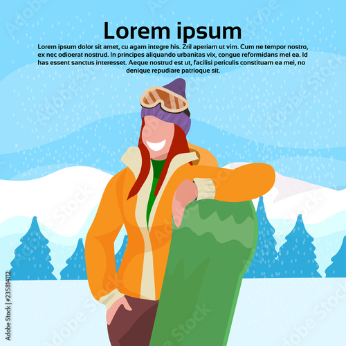 happy woman holding snowboard girl winter vacation activity concept fir tree snowy mountain landscape female cartoon character portrait flat copy space
