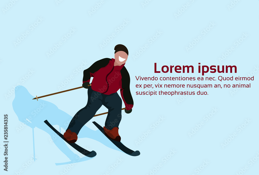 skier man sliding down guy skiing winter vacation activity flat horizontal copy space isolated