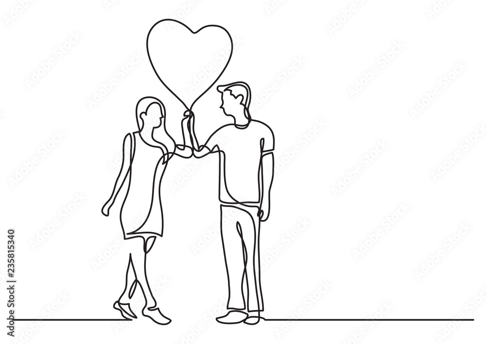 continuous line drawing of happy lovers with heart balloon continuous line drawing of happy lovers with heart balloon