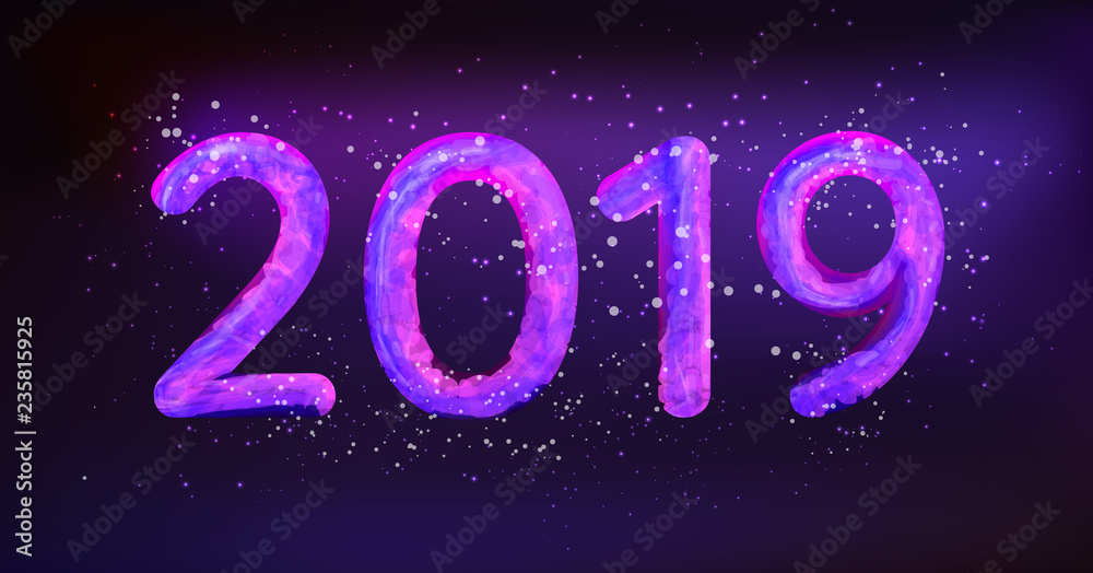 2019 Happy New Year vector illustration. Glowing in neon light caption 2019 with snow particles 2019 Happy New Year vector illustration. Glowing in neon light caption 2019 with snow particles