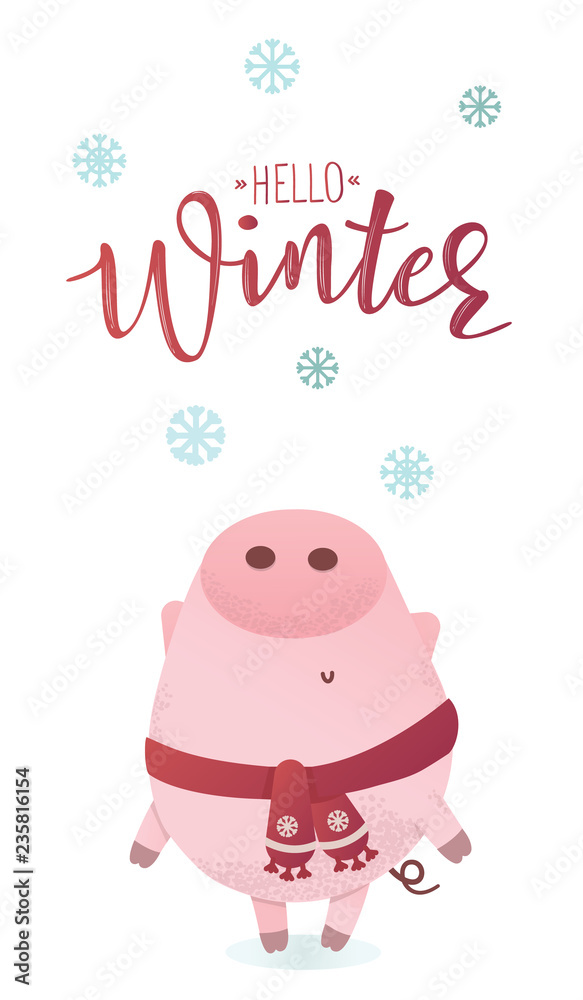 Fototapeta premium Cute piggy character in a winter scarf looking up.