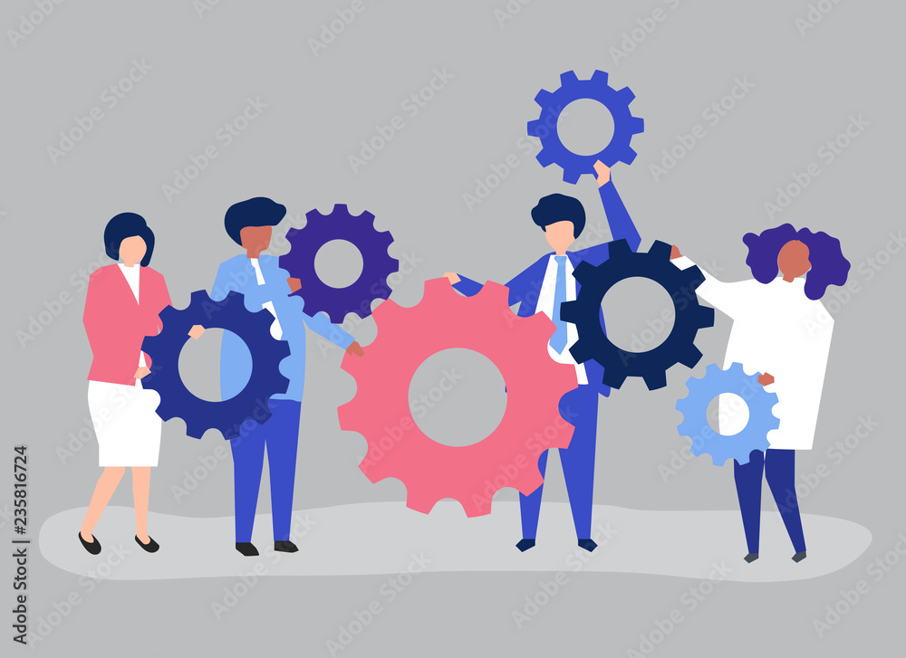 Characters of business people holding cogwheels illustration