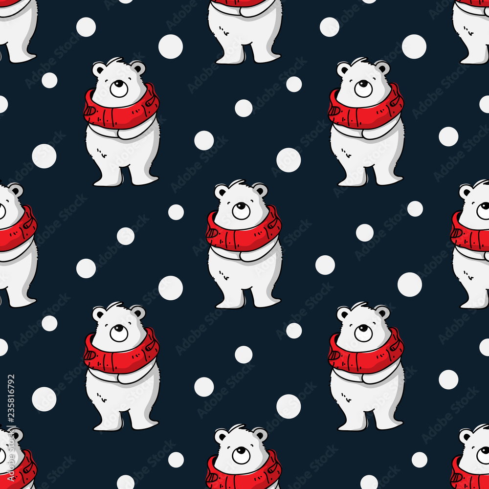Vector illustration of seamless cute polar bear cartoon character with red scarf, hand draw style on polka dot background.