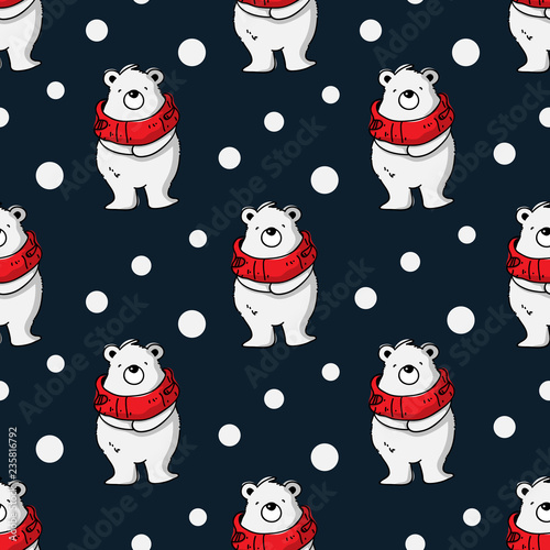 Vector illustration of seamless cute polar bear cartoon character with red scarf, hand draw style on polka dot background. © acehonghin