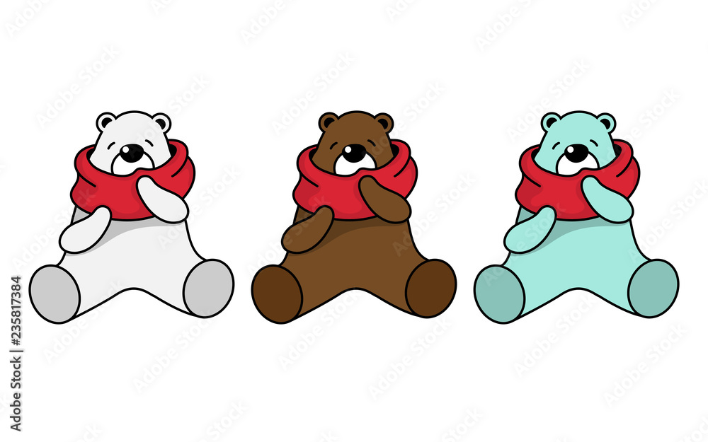 Vector illustration of cute bear cartoon character sitting and wearing red scarf on white background. Vector illustration of cute bear cartoon character sitting and wearing red scarf on white background.