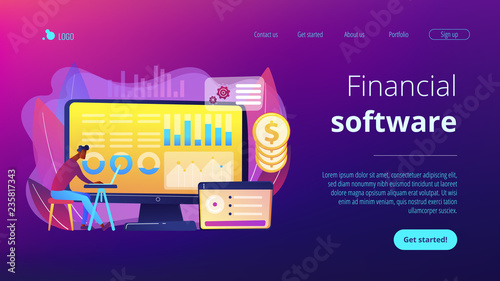 Data analyst consolidating financial information and reports on computer. Financial data management, financial software, digital data report concept. Website vibrant violet landing web page template. photo