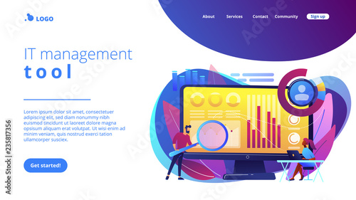 Data analyst oversees and governs income, expenses with magnifier. Financial management system, finance software, IT management tool concept. Website vibrant violet landing web page template.