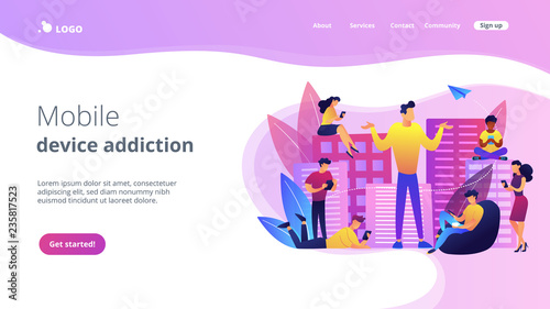 People in the city overusing mobile devices and a man feeling alone. Smartphone addiction, digital disorder, mobile device addiction concept. Website vibrant violet landing web page template.