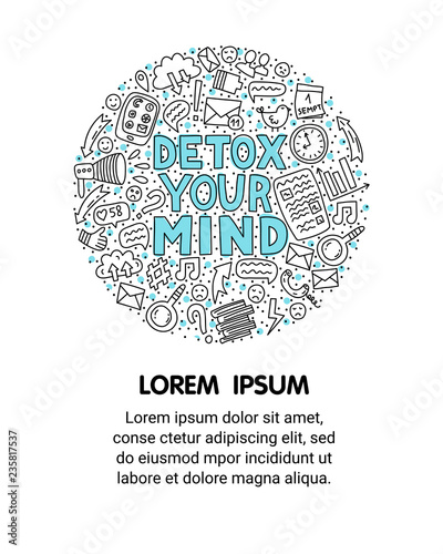 Detox your mind. Concept illustration with lettering and doodles