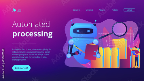 Robot doing repeatable tasks with folders and magnifier. Robotic process automation, service robots profit, automated processing concept. Website vibrant violet landing web page template.