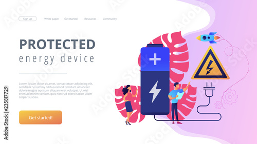 Engineers make recharging battery safe with plug and high voltage warning sign. Safety battery, protected energy device, battery safety use concept. Website vibrant violet landing web page template.