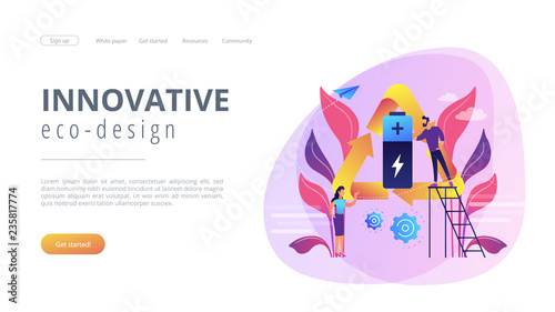 Businessman and woman using battery in recycle symbol. Eco battery, environmentally friendly battery, innovative eco-design concept. Website vibrant violet landing web page template.