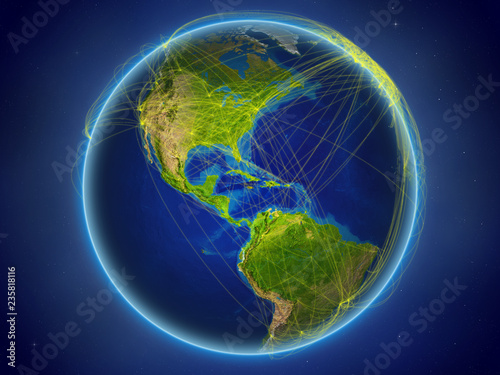 Jamaica from space on planet Earth with digital network representing international communication, technology and travel.