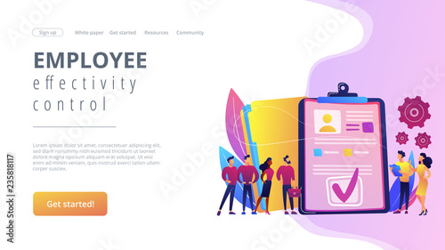HR managers hiring candidates with hr software and resume on computer. HR software, human resources technology, employee effectivity control concept. Website vibrant violet landing web page template.