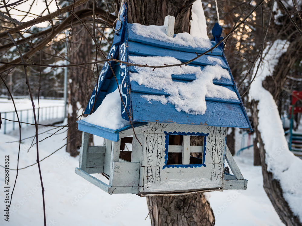 bird feeder in the form of a house under the snow, Novosibirsk, Russia bird feeder in the form of a house under the snow, Novosibirsk, Russia