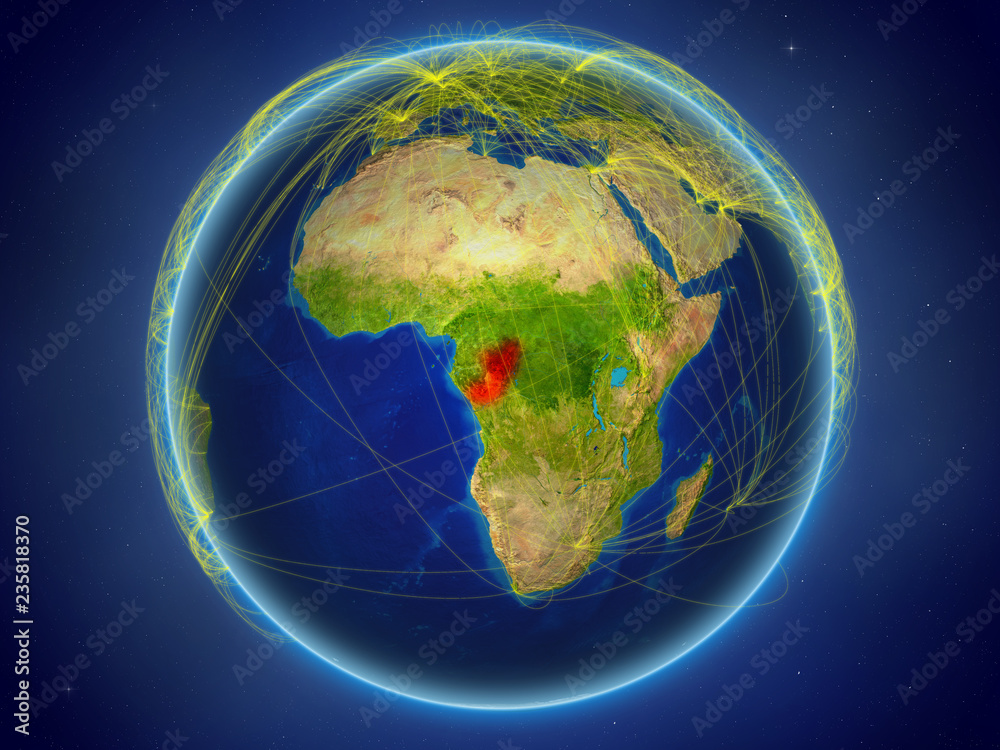 Fototapeta premium Congo from space on planet Earth with digital network representing international communication, technology and travel.